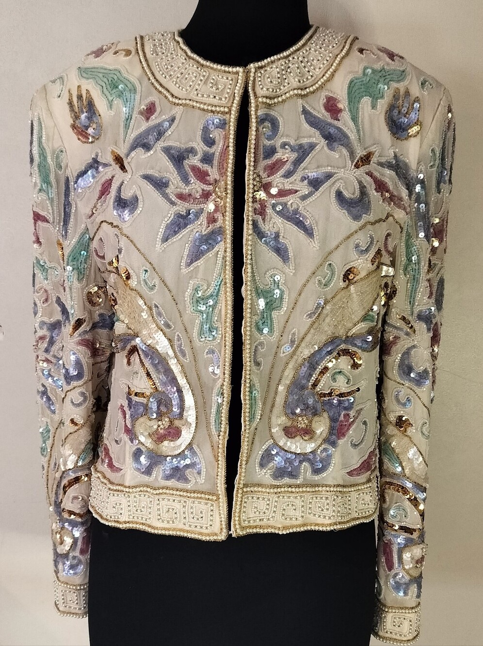 Niteline Embellished Ivory Sequin Jacket with Pastel Floral Motif